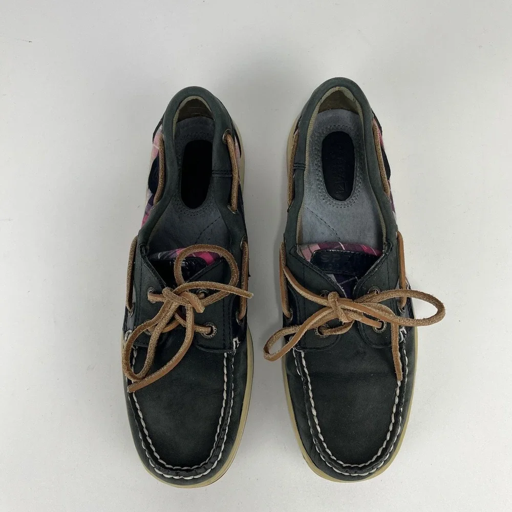 Sperry Top-Sider Koifish Womens‎ 7.5 Blue Plaid Boat Shoe Leather Preppy Deck